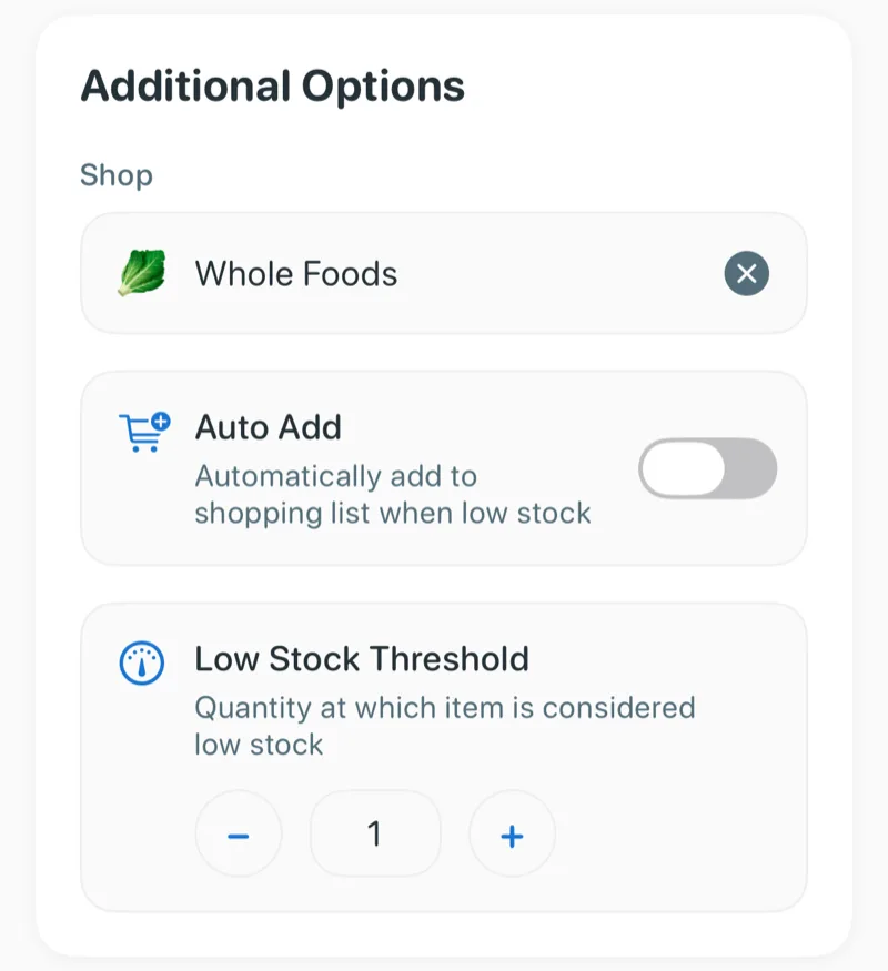 Panzy's item settings with a shop, an Auto Add switch and a Low Stock Threshold of 1