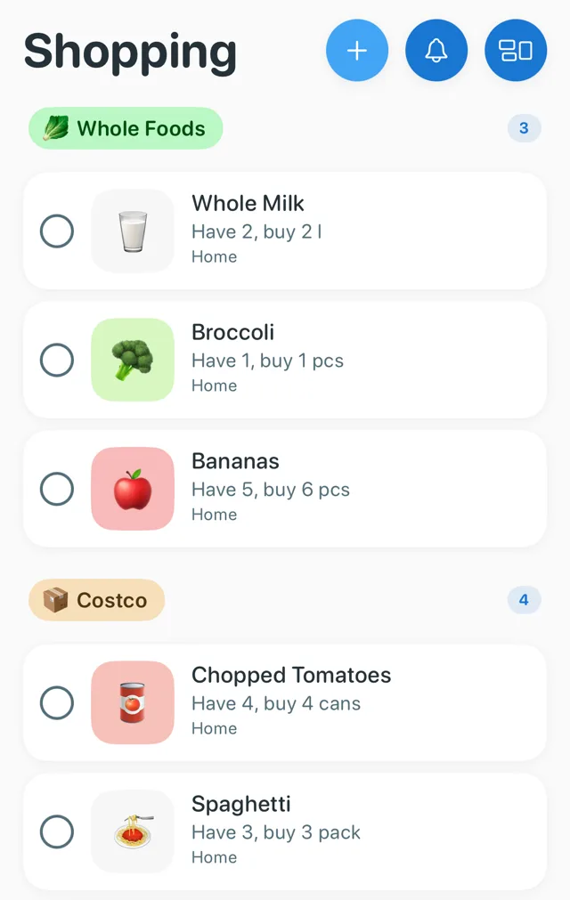 Panzy's shopping list grouped by shop, with Whole Foods and Costco sections showing what you have and what to buy